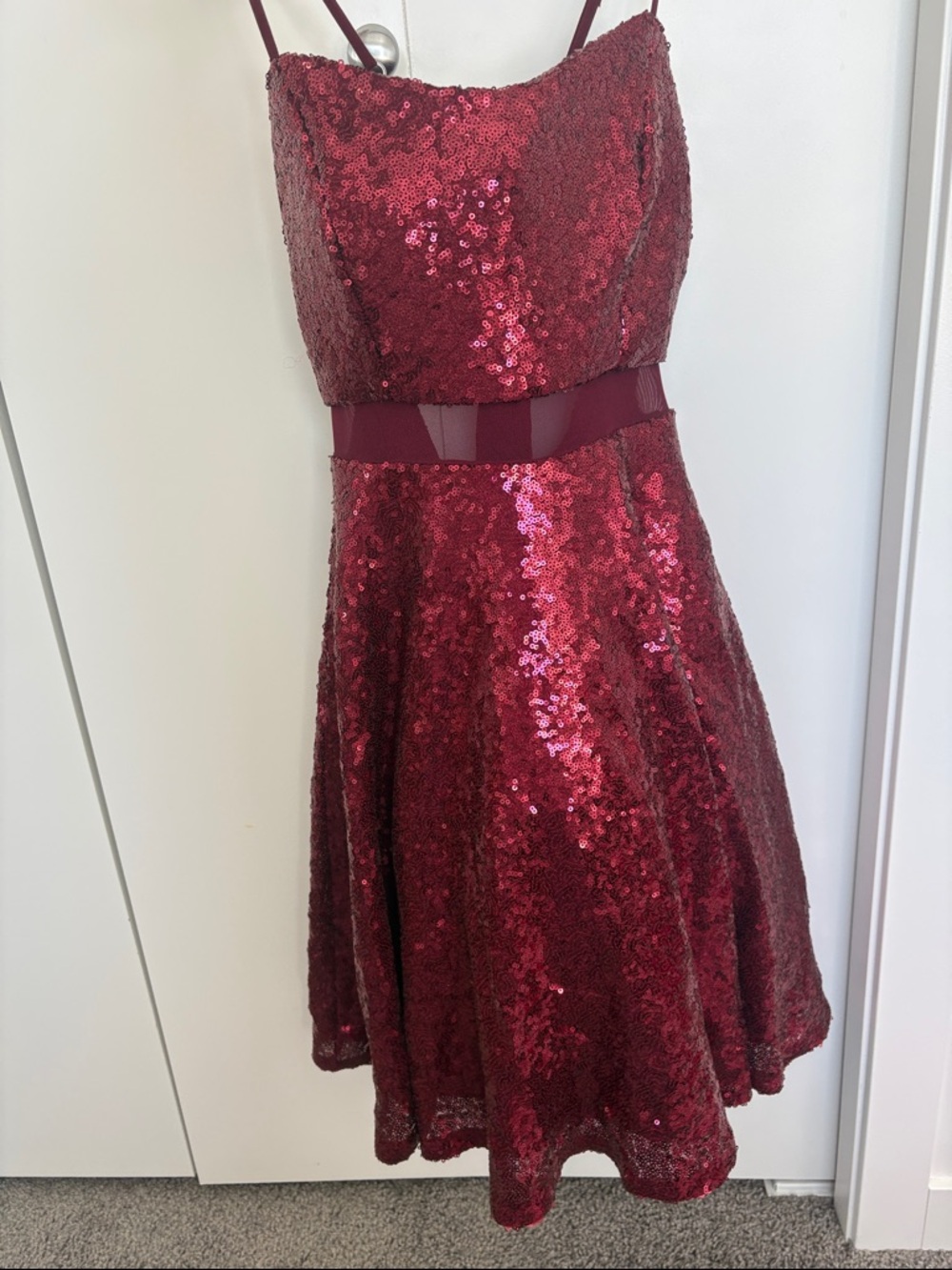 Emerald Sundae Burgundy Sequin Mini Dress with Sheer Waist